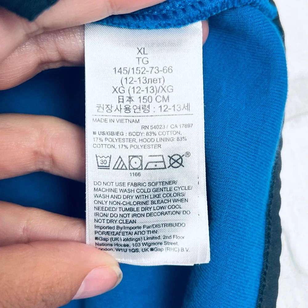 Gap Kids XL 12-13 Full Zip Hoodie Blue Athletic Hooded Sweatshirt Raglan Sleeve